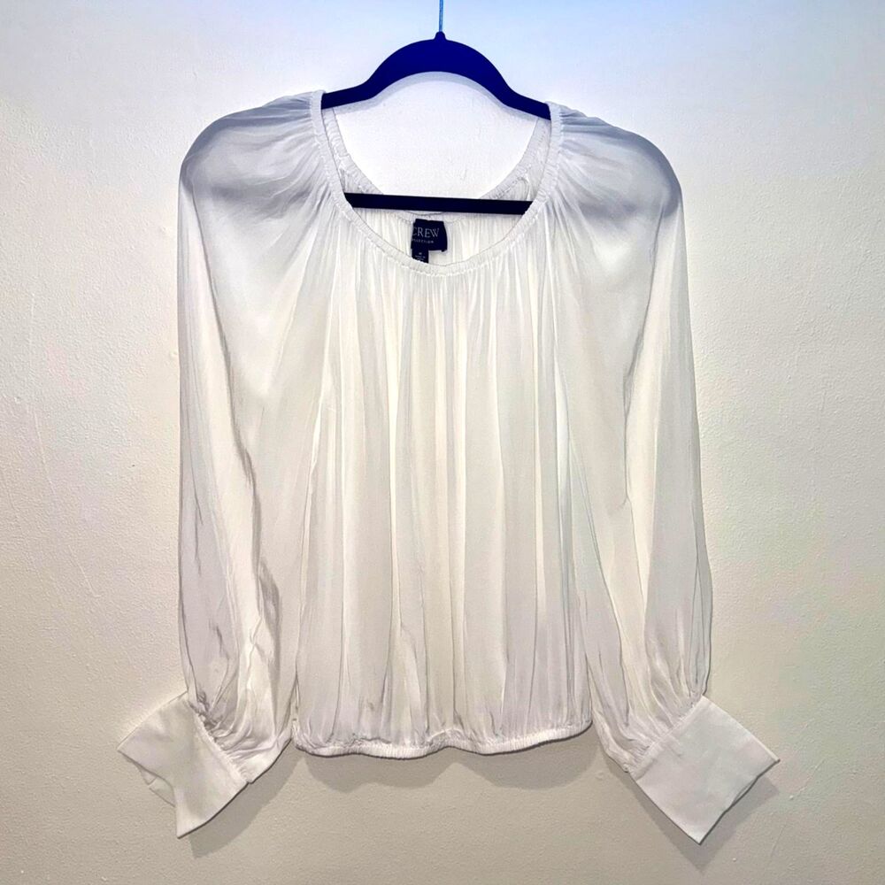 J.Crew Collection White Gathered Long Sleeve Blouse Top M - Picture 2 of 6